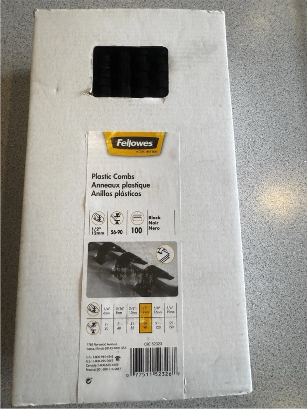 New Fellowes 1/2" 12mm Plastic Combs Bindings Spiral 100 Black 56-90 CR52323